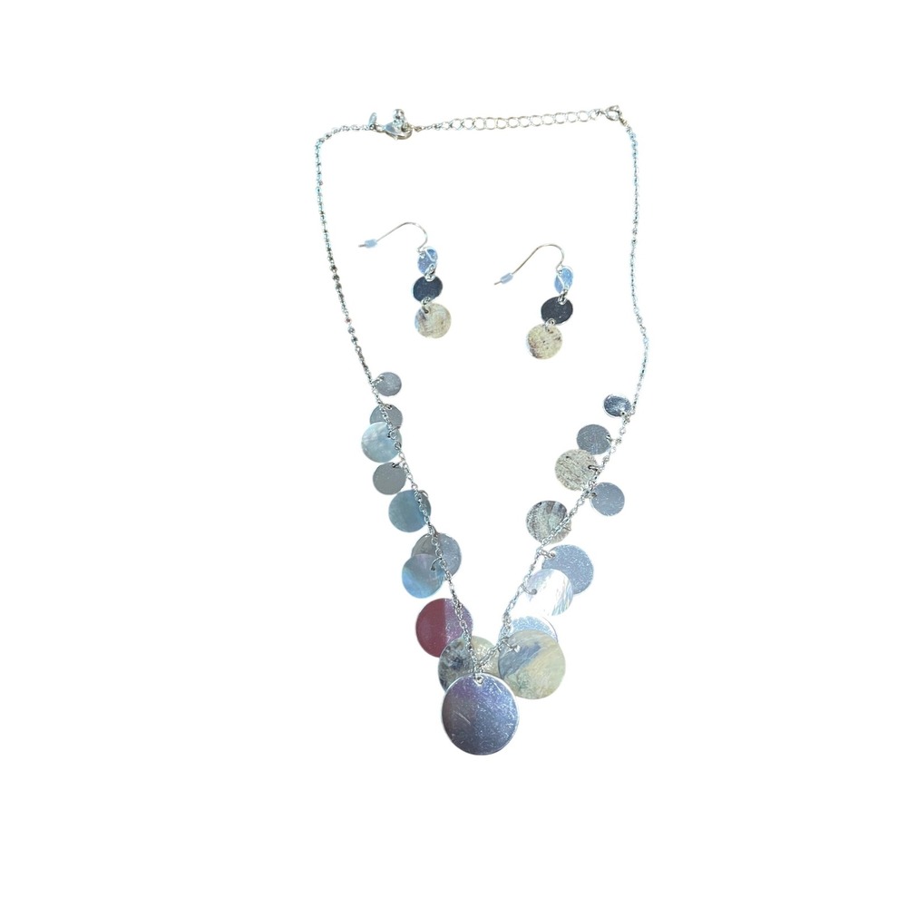 Shaky Round Droplet Necklace &‎ Earrings Gift Set Silver Tone Party